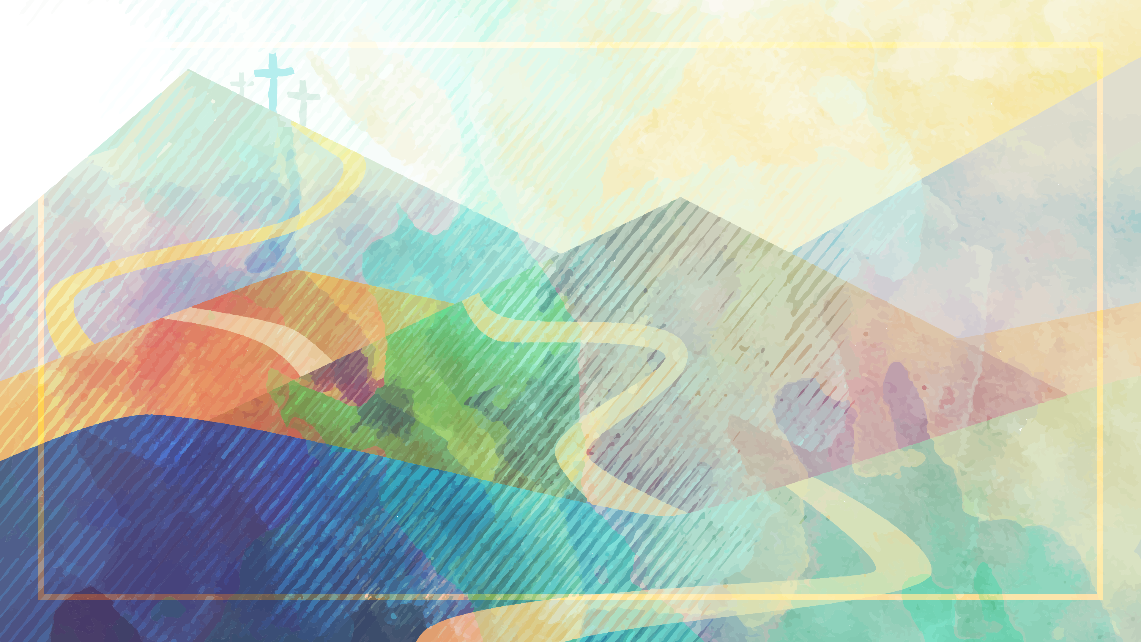An abstract painting of a winding path leading to three crosses on a hill.